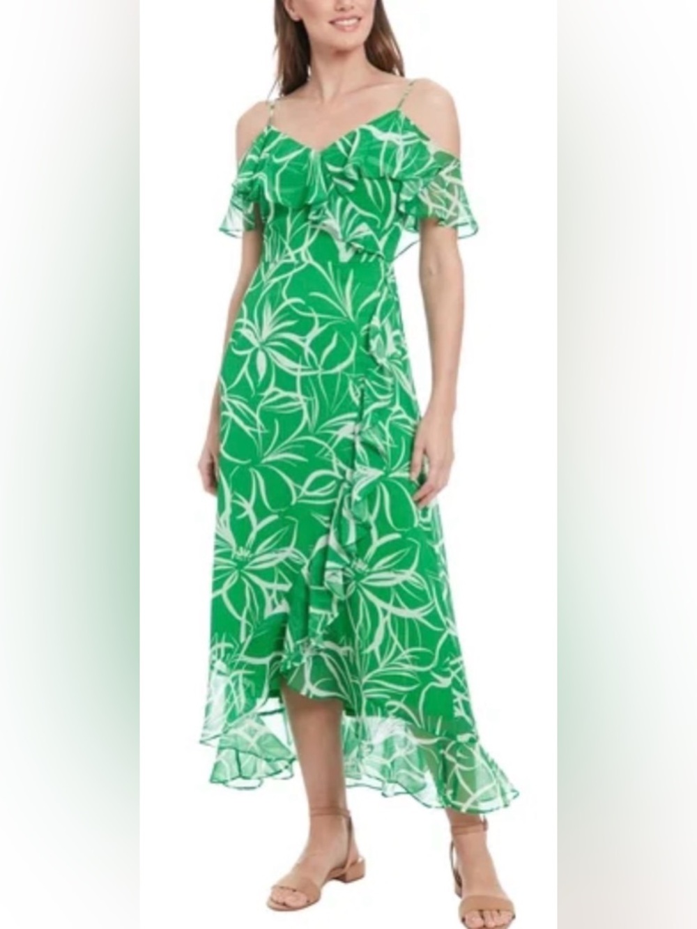 Cold-Shoulder Green Floral High-Low Dress